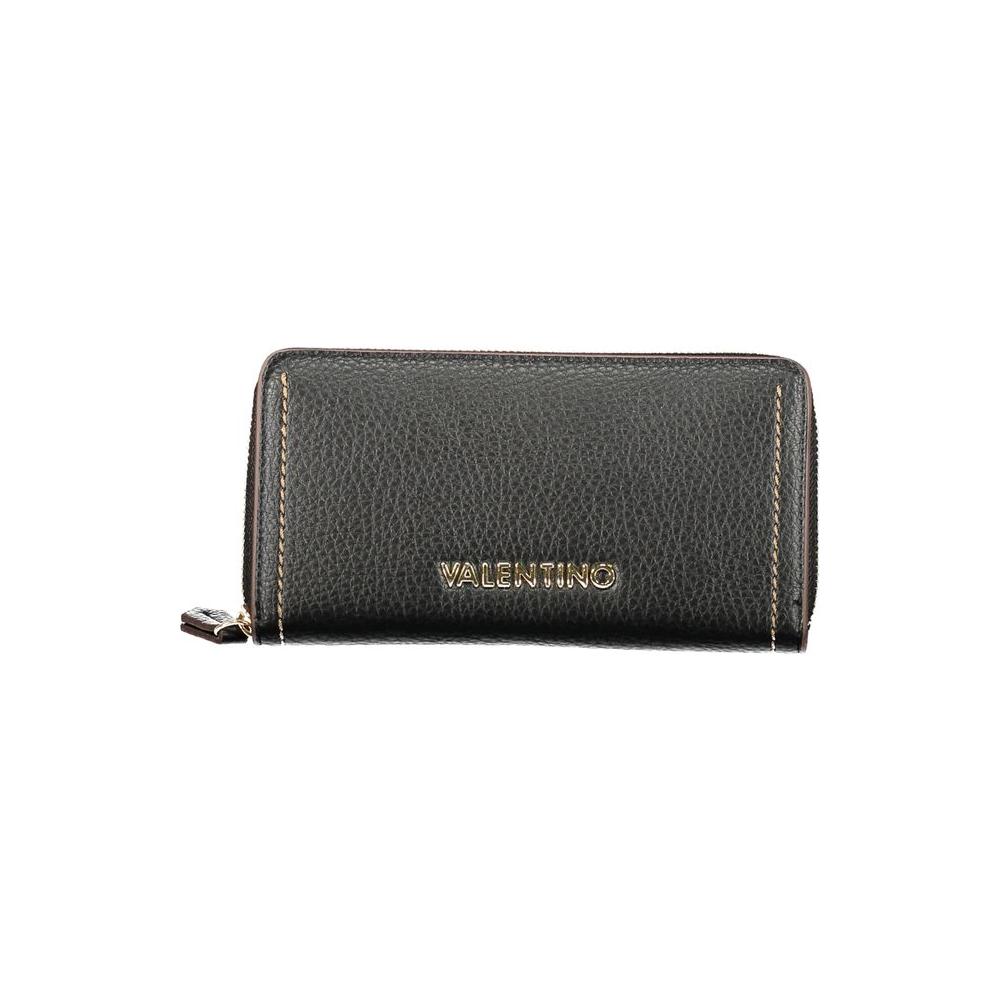 Black Valentino Bags wallet with zip closure and gold accents, made from polyethylene for modern women with multiple compartments.