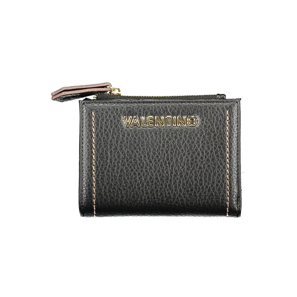 Valentino Bags black polyethylene women's wallet with gold logo and zippered coin purse, featuring chic design and durable construction.