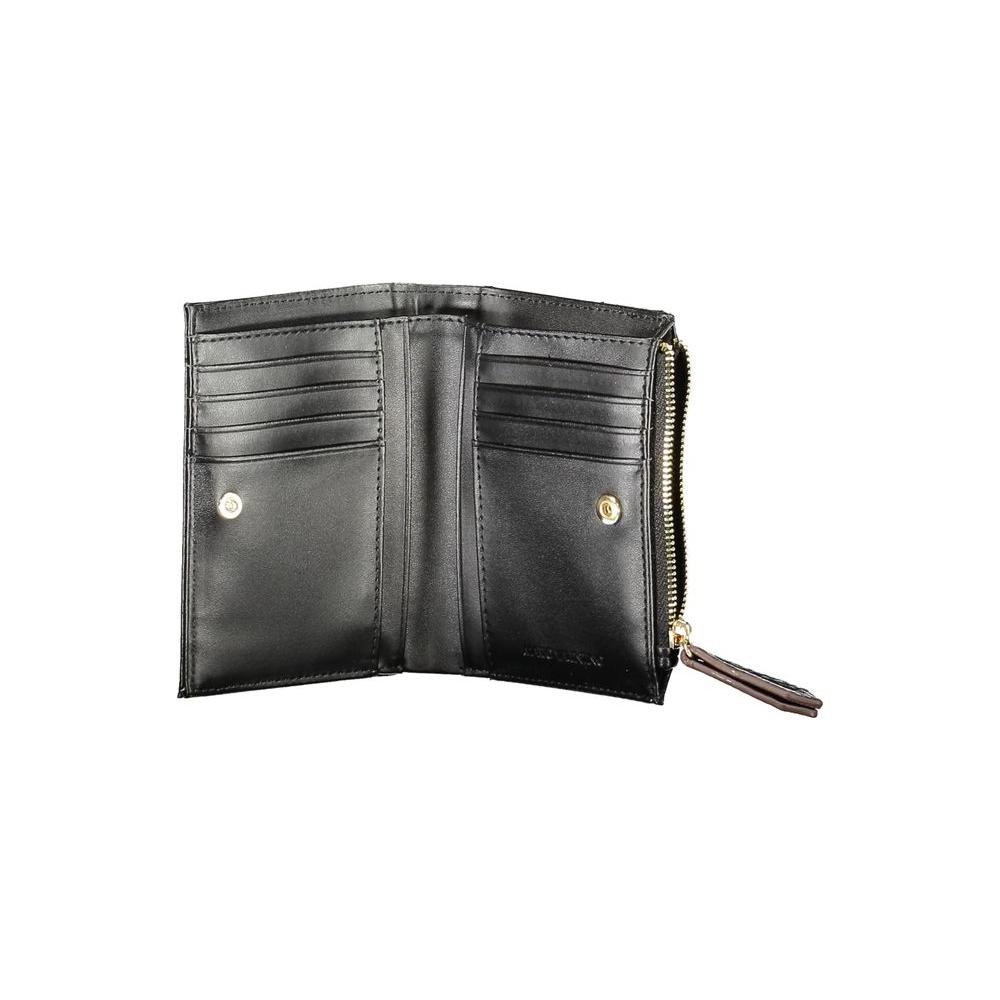 Valentino Bags black polyethylene women's wallet with card slots, zippered coin compartment, and logo branding, open view.