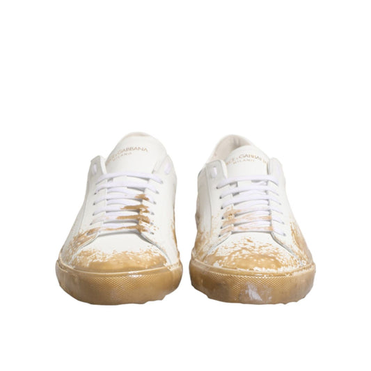 Dolce & Gabbana White Leather Paint Effect Low Top Sneakers Shoes