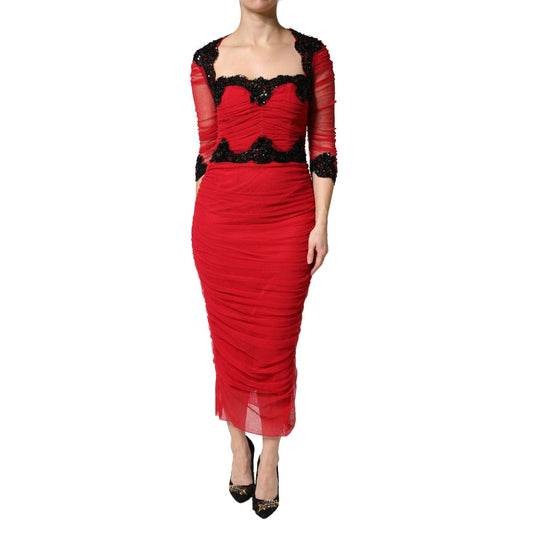 Dolce & Gabbana Red Mesh Trim Bodycon Sheath Midi Dress