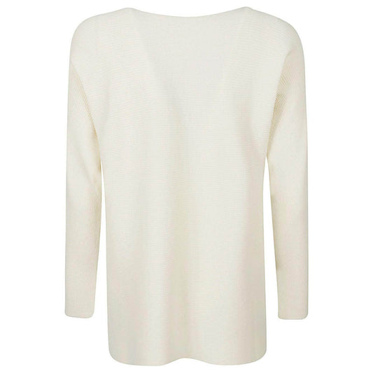 Liviana Conti beige ribbed viscose sweater, back view, showing long sleeves and relaxed fit.