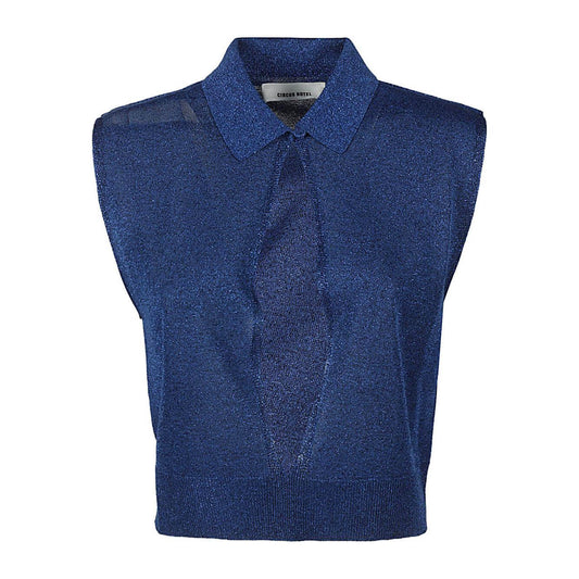 Circus Hotel Top Blue Lurex polo shirt with wide front opening and one-button closure, cropped and regular fit design.