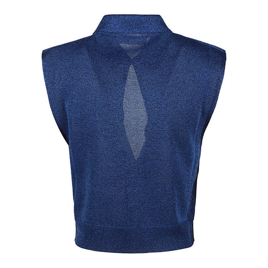 Circus Hotel Top Blue in lurex viscose blend with wide front opening, cropped design, one-button closure. Regular fit polo shirt.