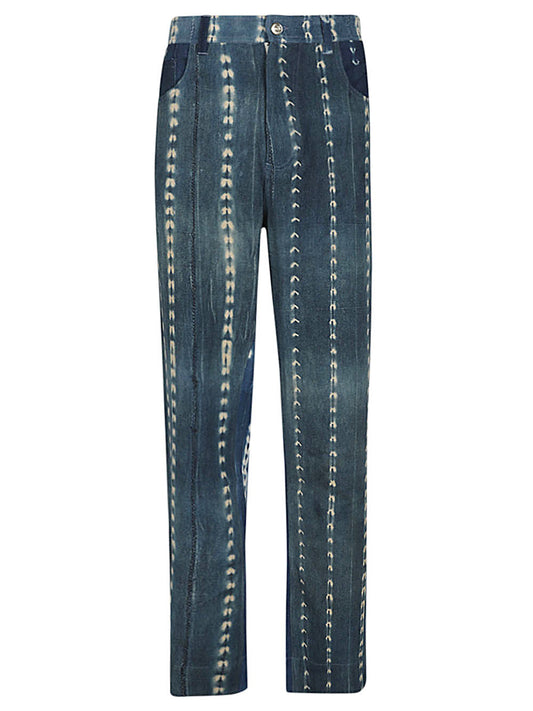 WALES BONNER blue tie-dye denim jeans, wide leg, button and zip closure, with two back pockets, stylish and true to size.