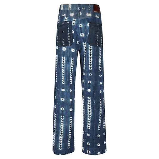WALES BONNER blue tie-dye denim jeans with wide leg, button and zip closure, rear view showing two back pockets.