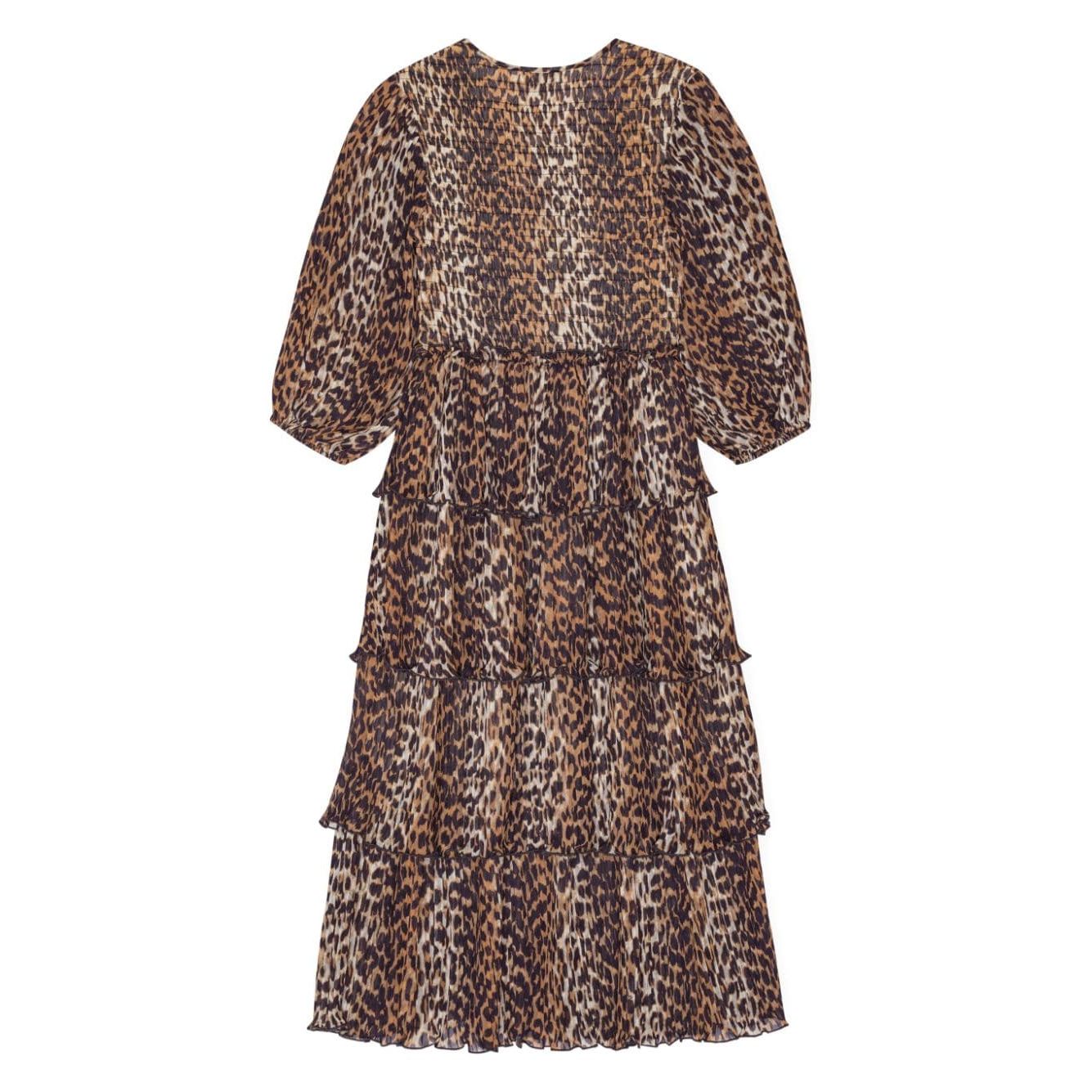 Ganni Leopard Pleated Georgette Flounce Smock Midi Dress Dresses