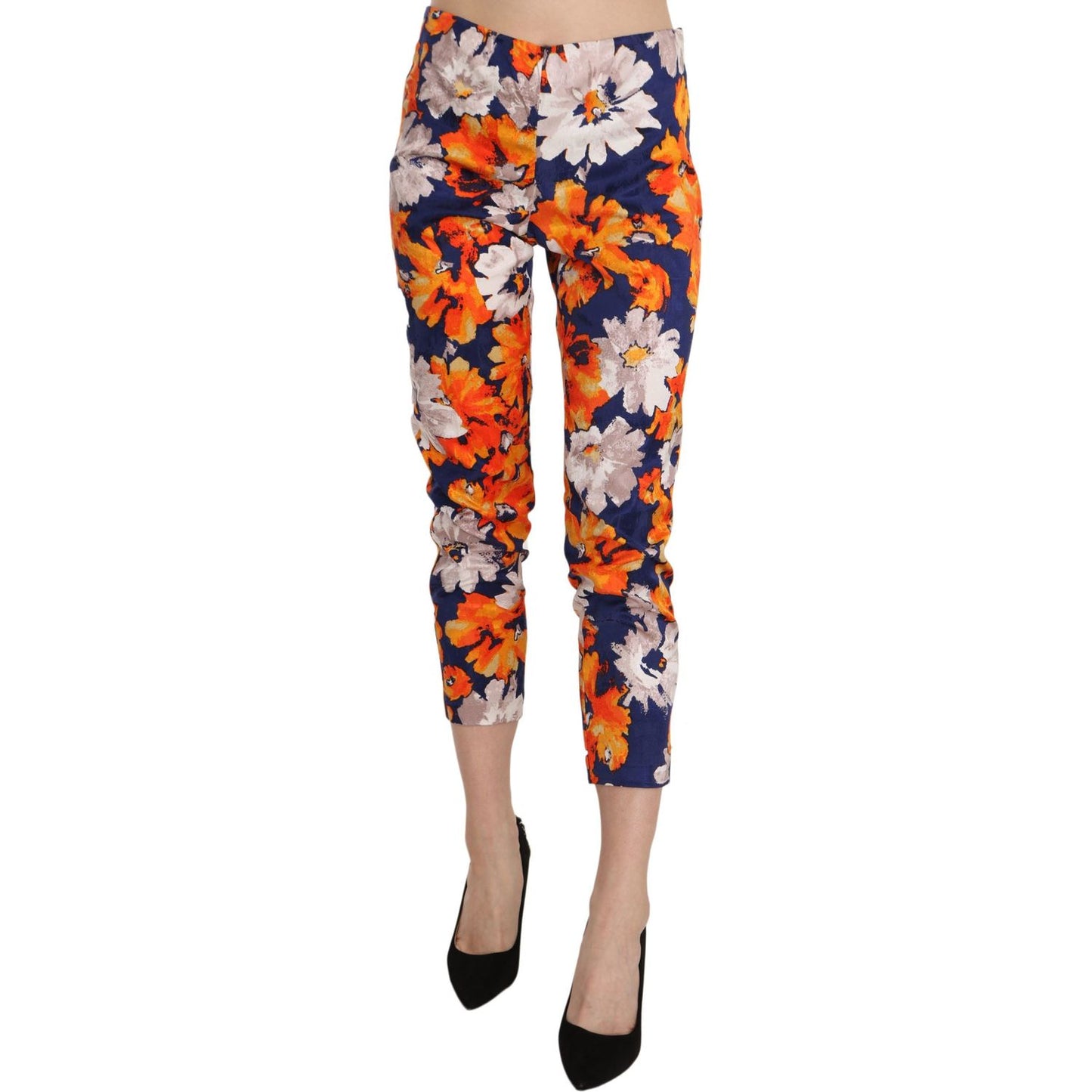 LANACAPRINA Blue Floral Print Skinny Slim Fit Trousers Pants