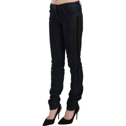 Just Cavalli Blue Low Waist Skinny Trousers Braided String Pants Jeans & Pants