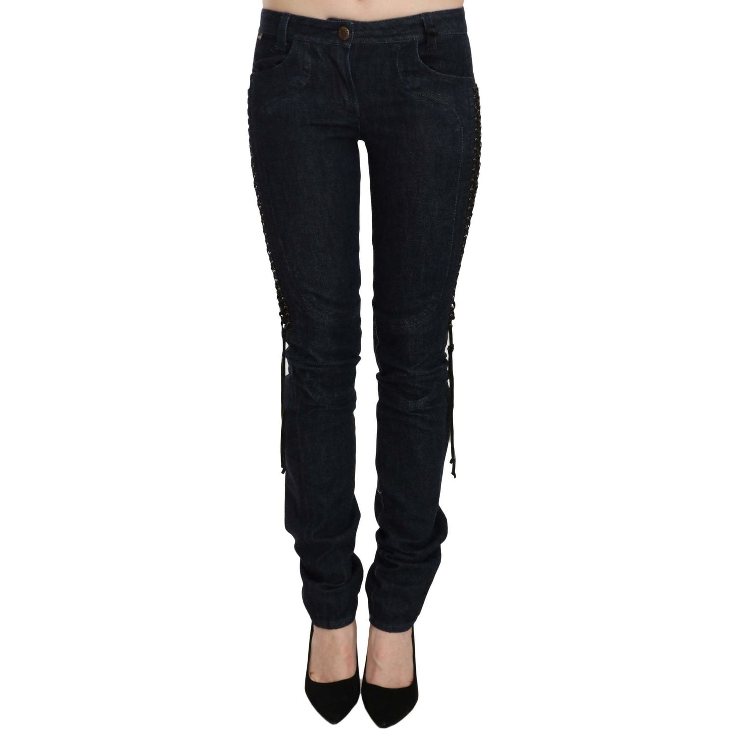 Just Cavalli Blue Low Waist Skinny Trousers Braided String Pants Jeans & Pants