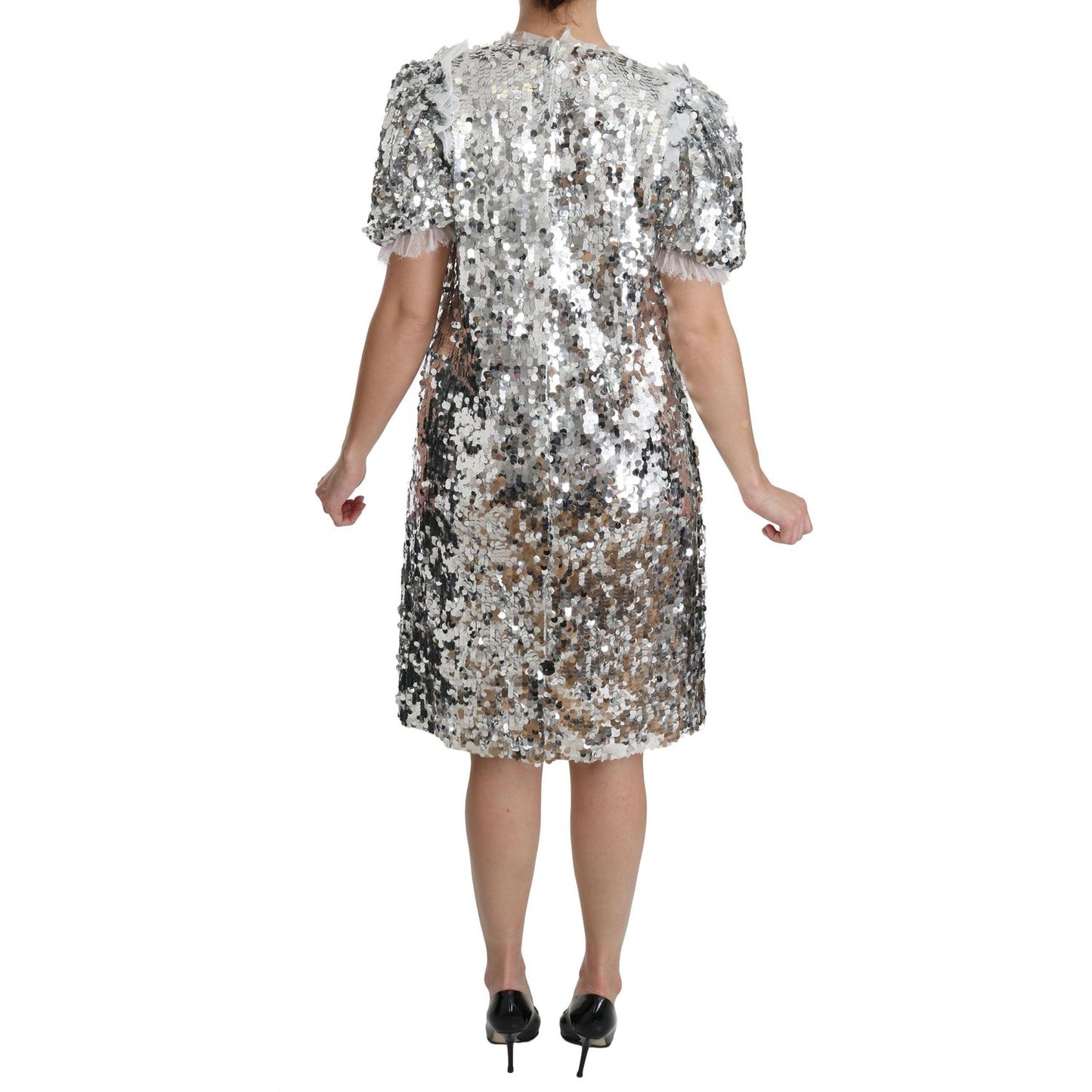 Dolce & Gabbana Silver Sequined Crystal Shift Gown Dress
