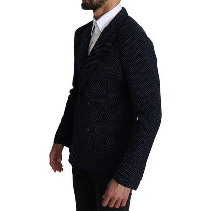 Dolce & Gabbana Dark Blue Dotted Double Breasted Coat Blazer
