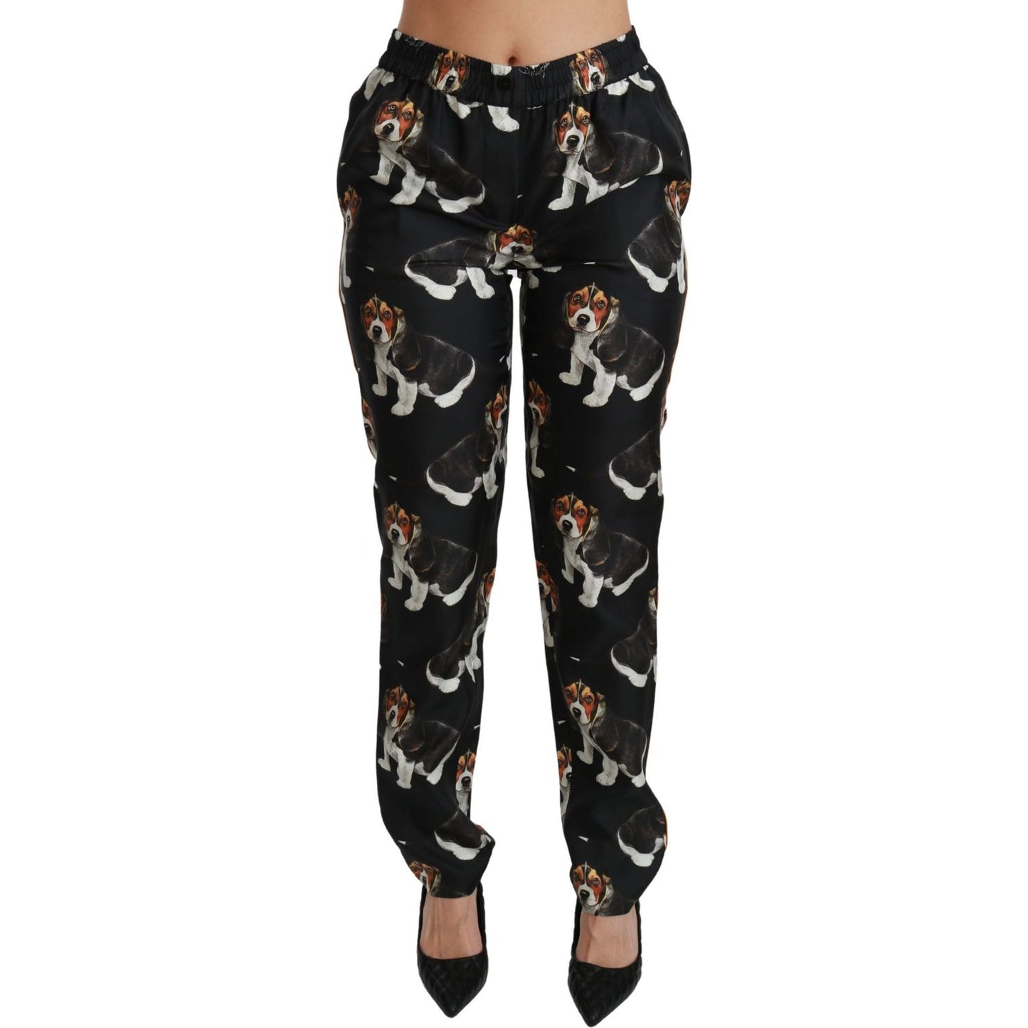 Dolce & Gabbana Black Puppy Dog Mid Waist Skinny Silk Pants PAN70818-42