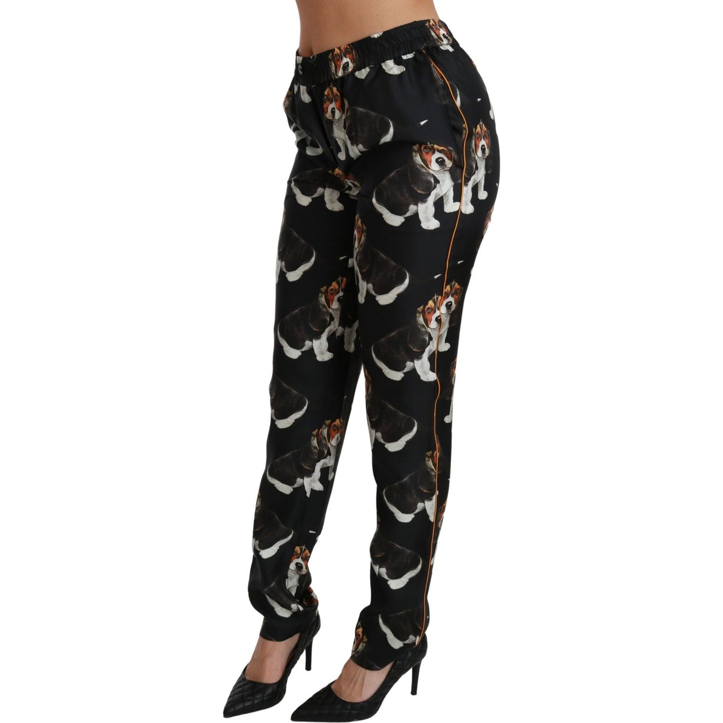 Dolce & Gabbana Black Puppy Dog Mid Waist Skinny Silk Pants PAN70818-42