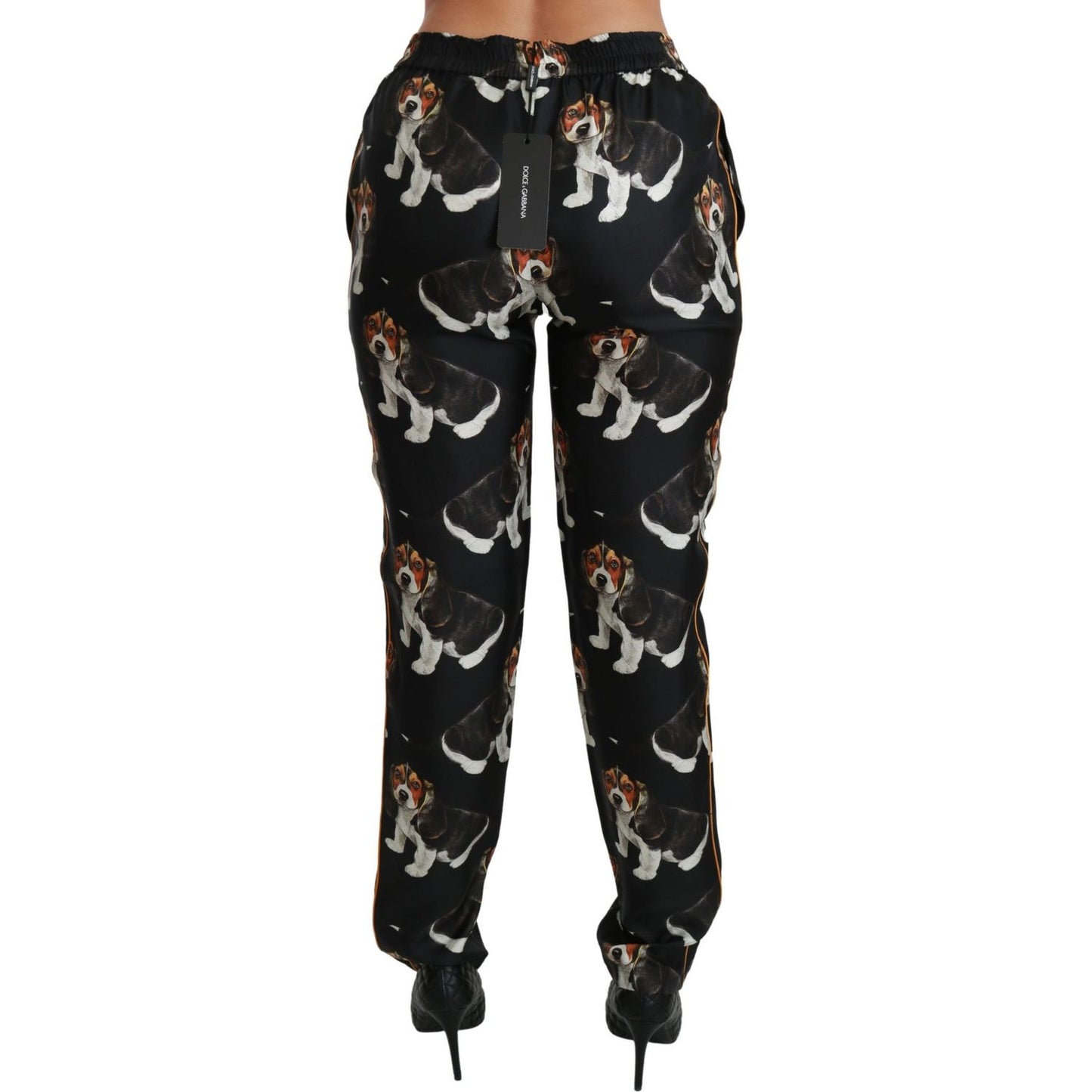 Dolce & Gabbana Black Puppy Dog Mid Waist Skinny Silk Pants PAN70818-42