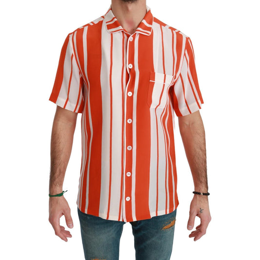 Dolce & Gabbana Orange Silk Striped Short Sleeve White Shirt