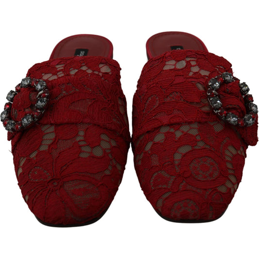 Dolce & Gabbana Red Lace Crystal Slide On Flats Shoes LA6581-35