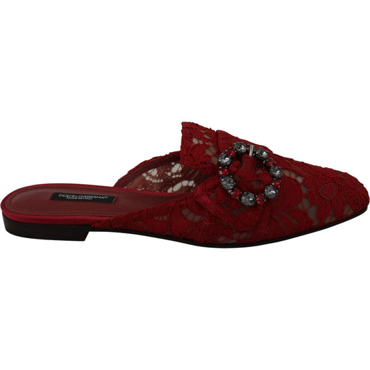 Dolce & Gabbana Red Lace Crystal Slide On Flats Shoes LA6581-35