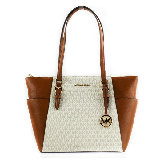 Michael Kors Charlotte Signature Leather Large Top Zip Tote Handbag Bag (Vanilla) Michael Kors Saddle Brown