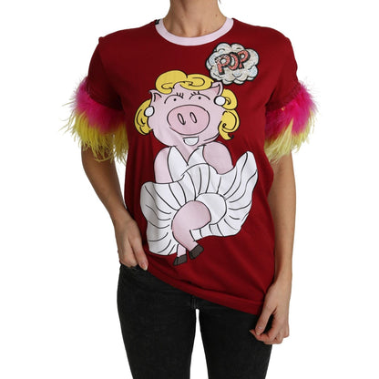 Dolce & Gabbana Red Pig Print Feather Sleeves T-shirt Top