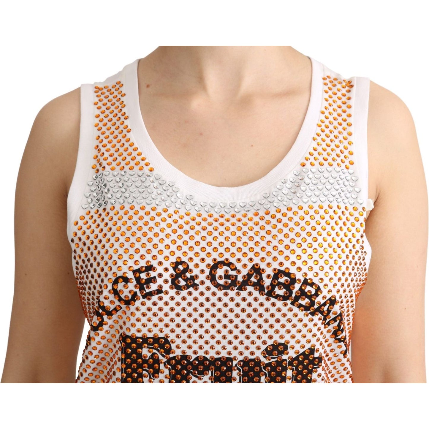 Dolce & Gabbana White Orange Crystal Sleeveless Tank Cotton Top TSH5139-40