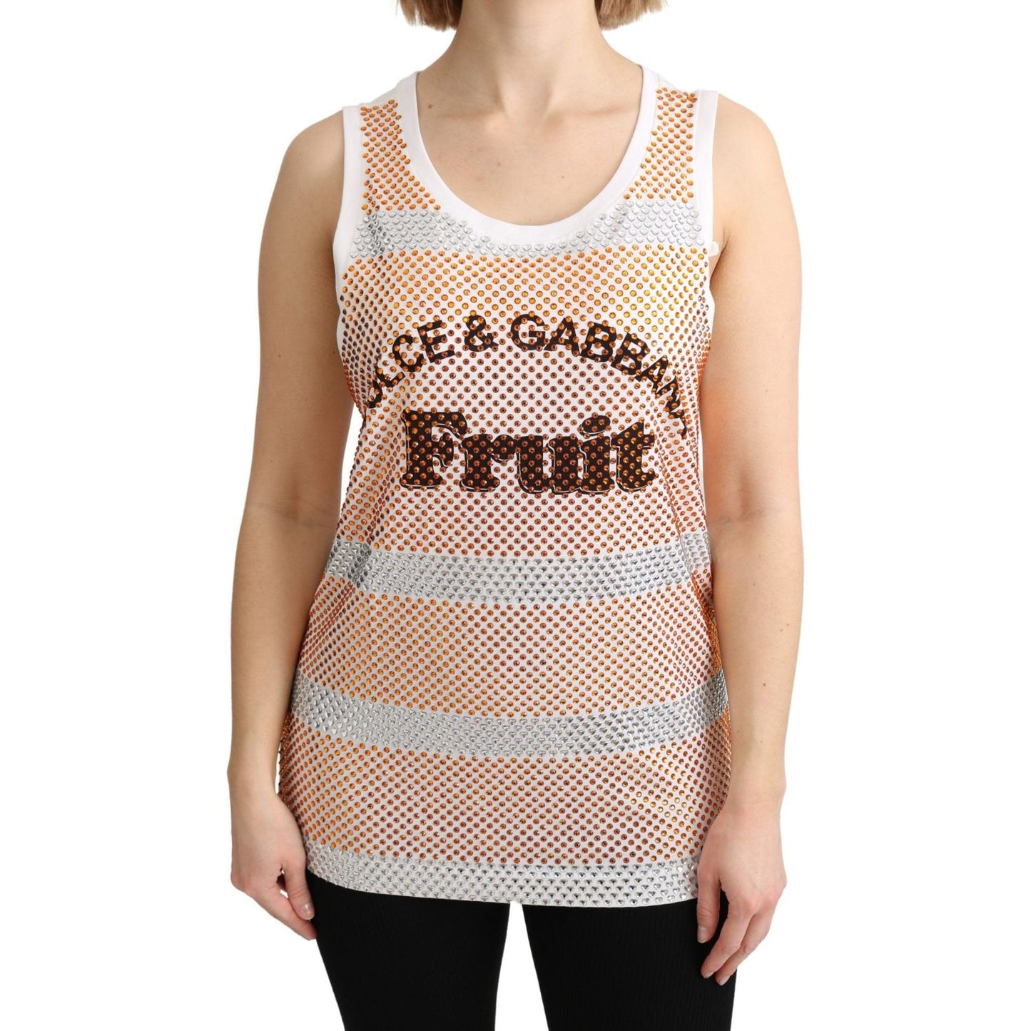 Dolce & Gabbana White Orange Crystal Sleeveless Tank Cotton Top TSH5139-40