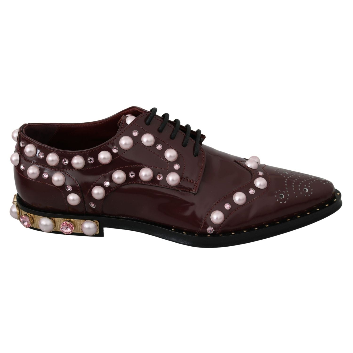 Dolce & Gabbana Bordeaux Leather Crystal Pearls Formal Shoes