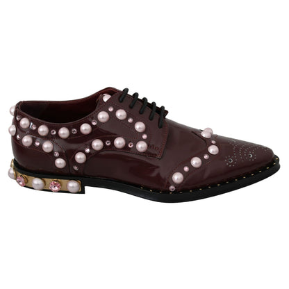 Dolce & Gabbana Bordeaux Leather Crystal Pearls Formal Shoes
