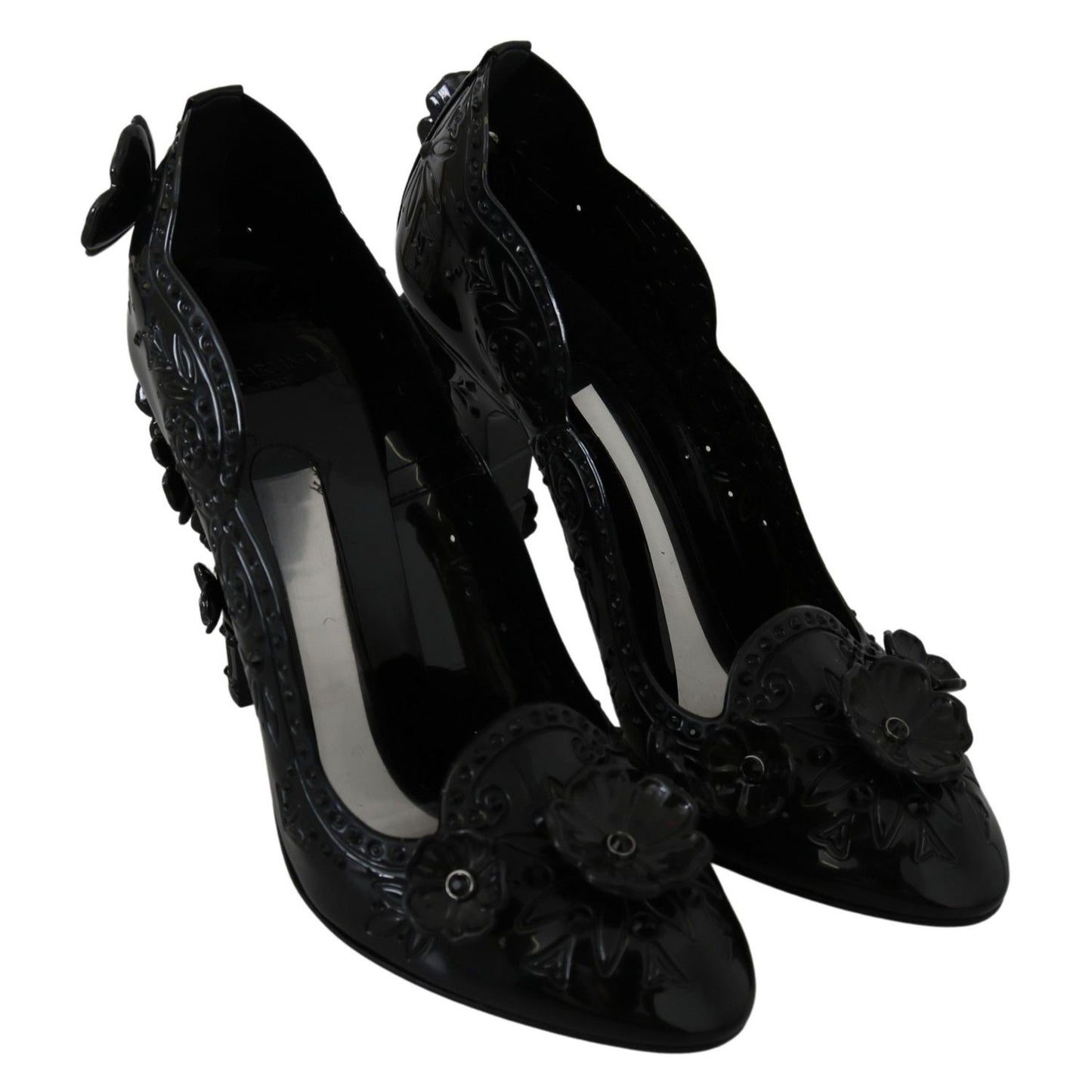 Dolce & Gabbana Black Floral Crystal CINDERELLA Heels Shoes