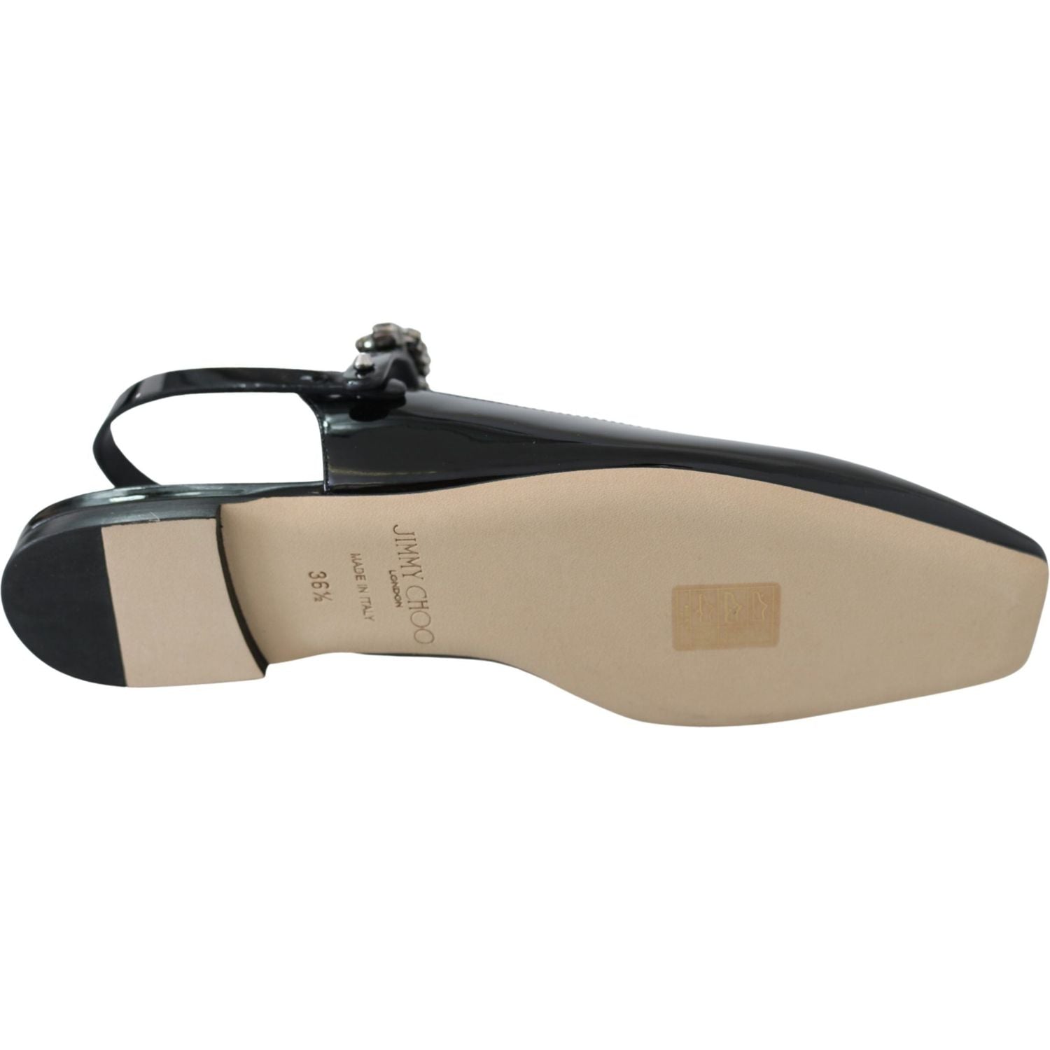 حذاء مسطح أنيق باللون الأسود اللامع من جيمي تشو مع لمسات من الكريستال