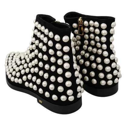 Dolce & Gabbana Black Suede Pearl Studs Boots Shoes
