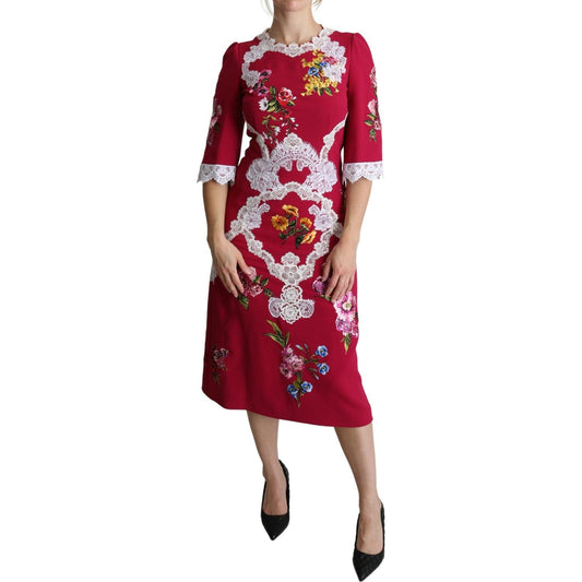 Dolce & Gabbana Red Floral Embroidered Sheath Midi Dress DR2636-42