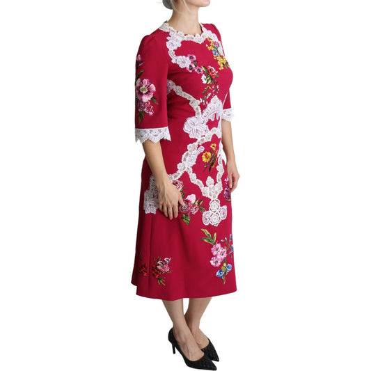 Dolce & Gabbana Red Floral Embroidered Sheath Midi Dress DR2636-42