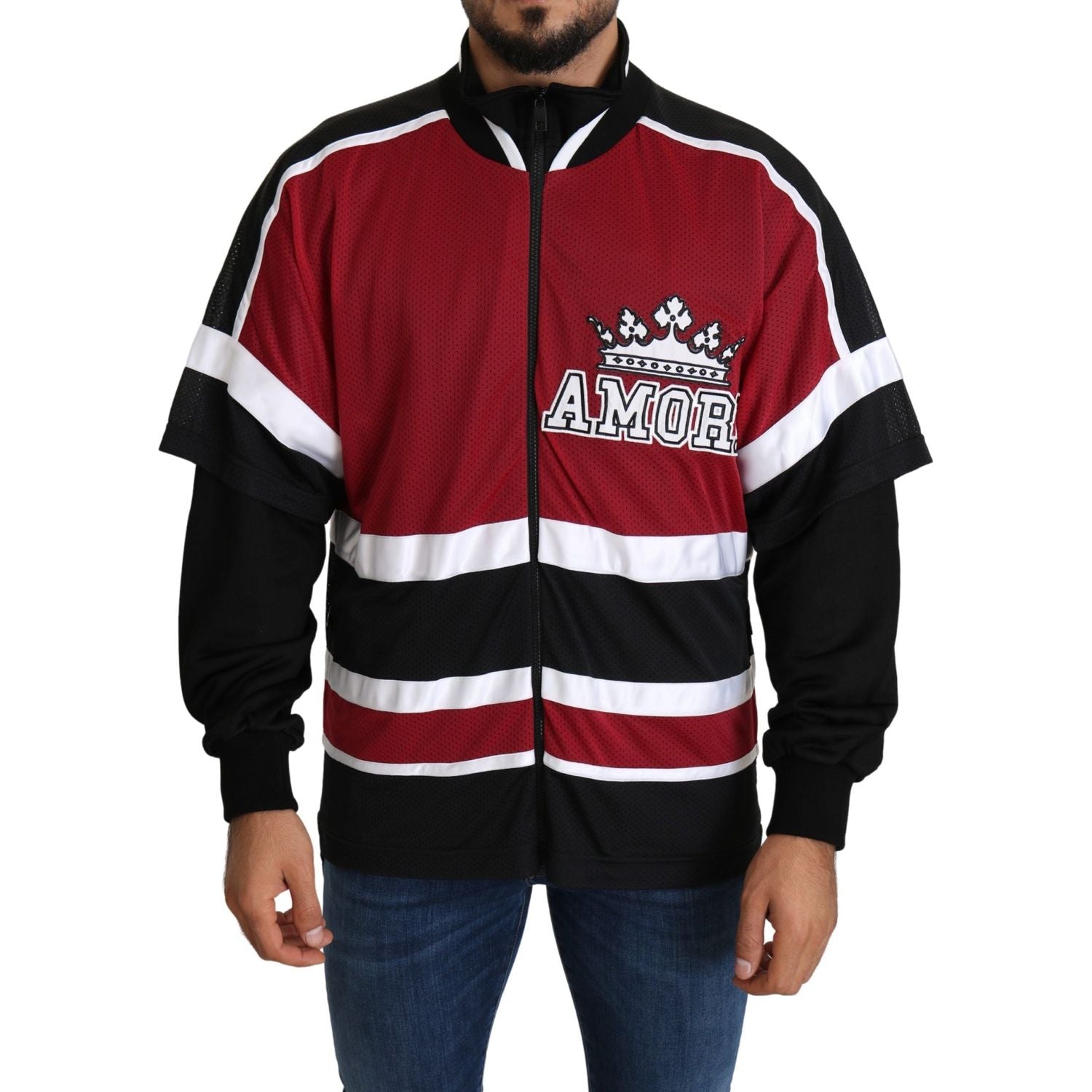 优雅的黑色和红色全拉链毛衣