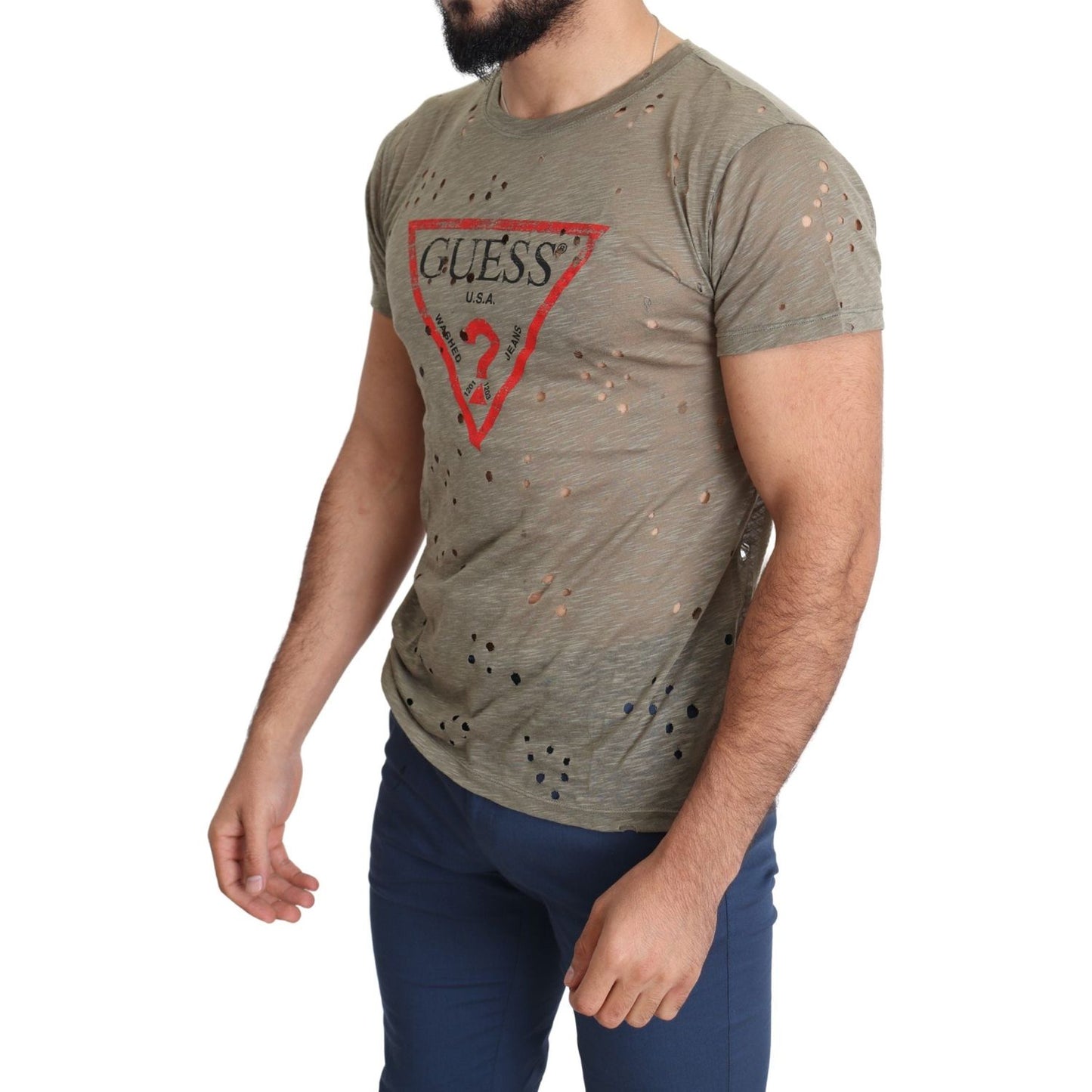 Guess Brown Cotton Stretch Logo Print Men Casual Perforated T-shirt
