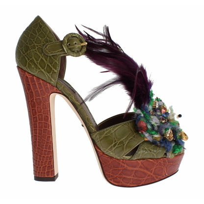 Dolce & Gabbana Green Leather Crystal Platform Sandal Shoes