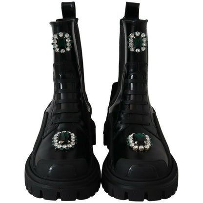Dolce & Gabbana Black Leather Crystal Combat Boots