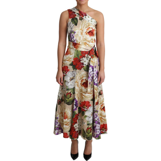 Dolce & Gabbana Elegant One-Shoulder Floral Silk Maxi Dress WOMAN DRESSES Dolce & Gabbana Rosy Brown