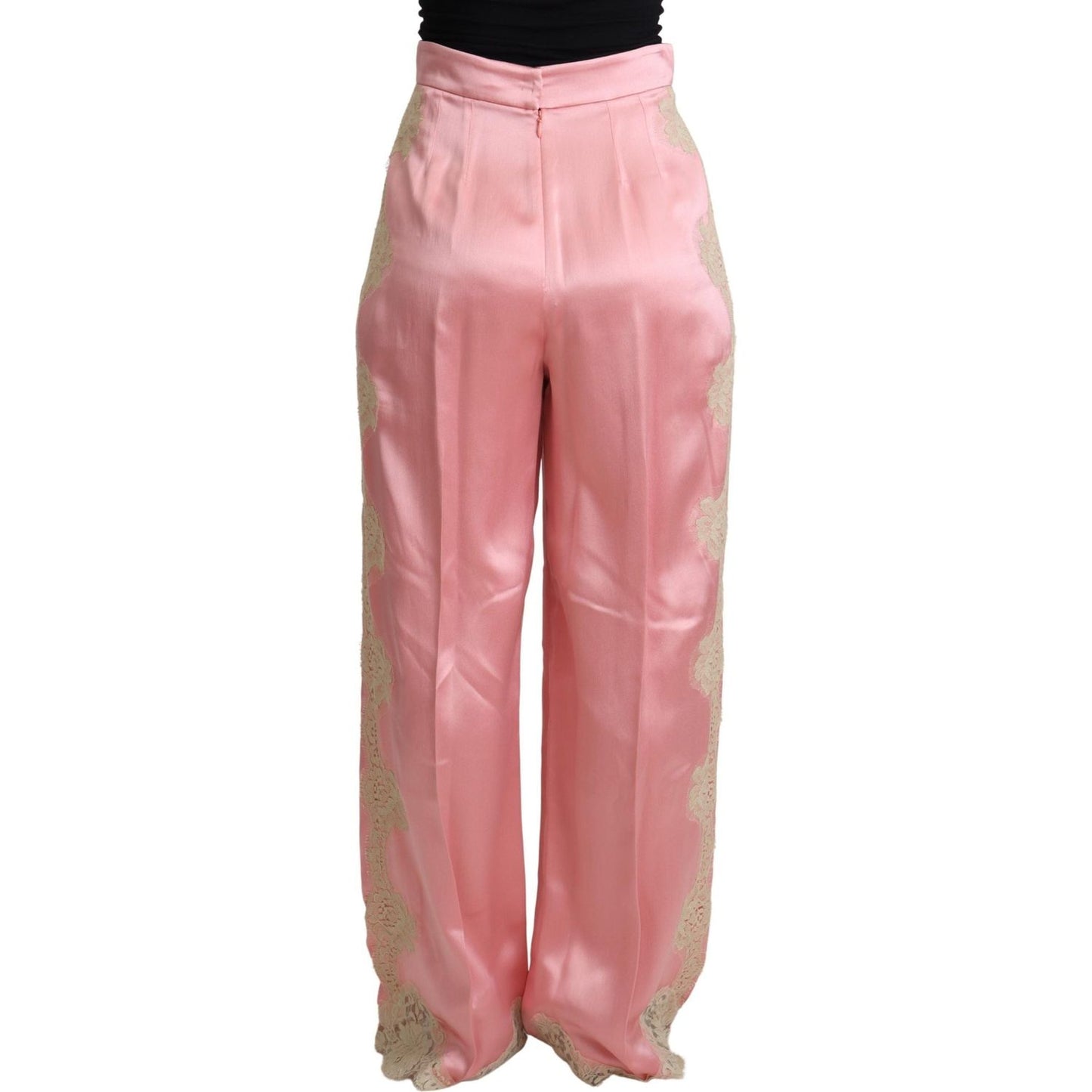 Dolce & Gabbana Pink Lace Trimmed Silk Satin Wide Legs Pants