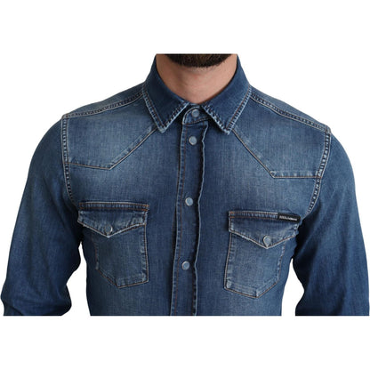 Dolce & Gabbana Blue Cotton Stretch Long Sleeves Denim Shirt