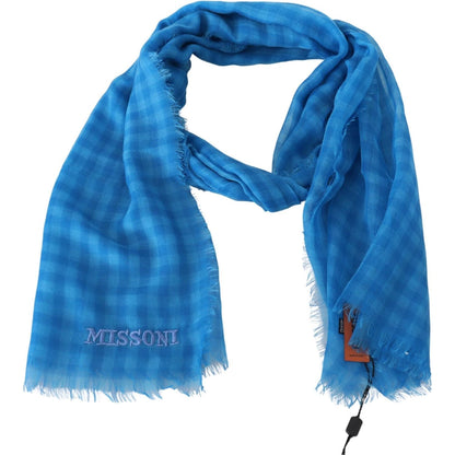Missoni Blue Checkered Cashmere Unisex Wrap Fringes Scarf Missoni