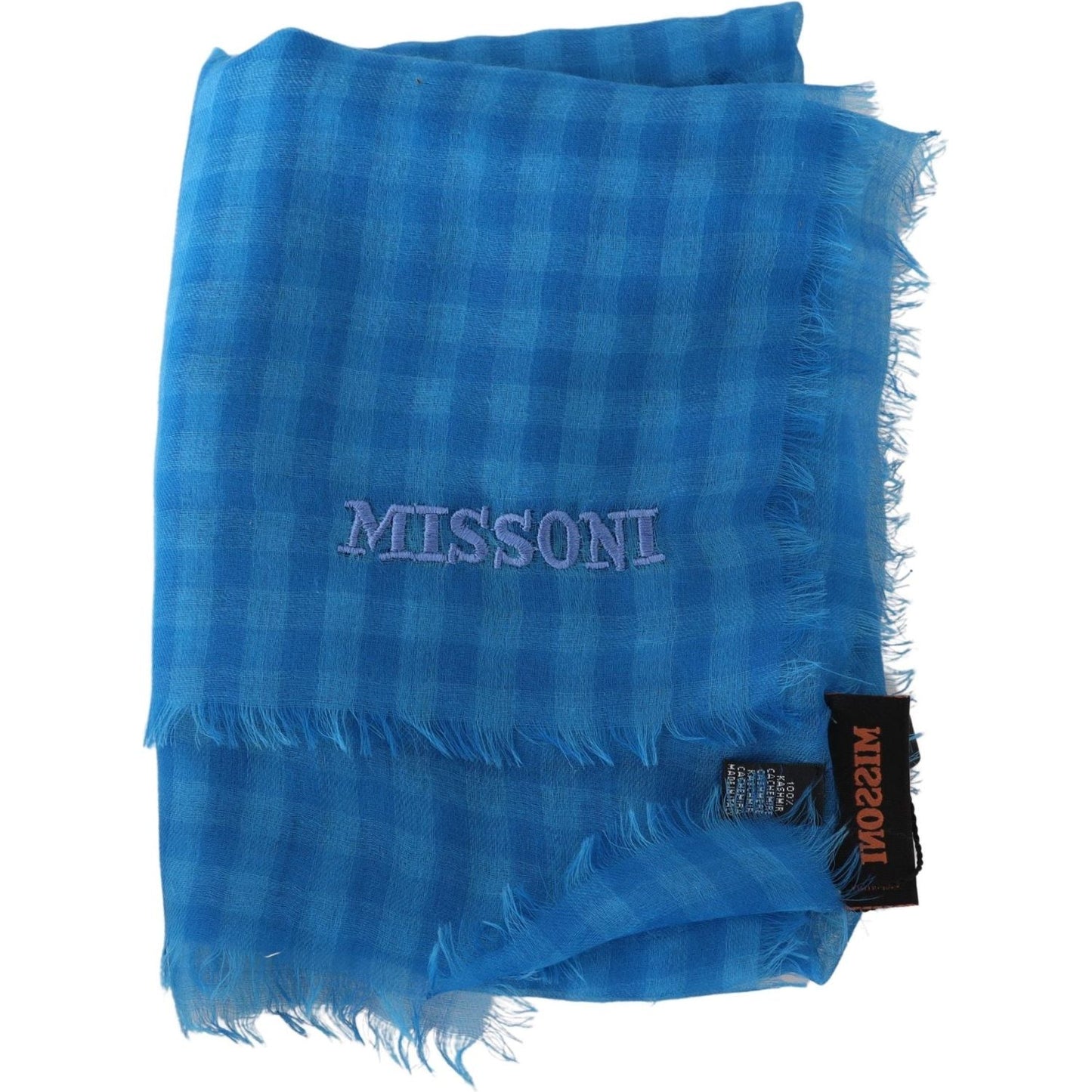 Missoni Blue Checkered Cashmere Unisex Wrap Fringes Scarf Missoni