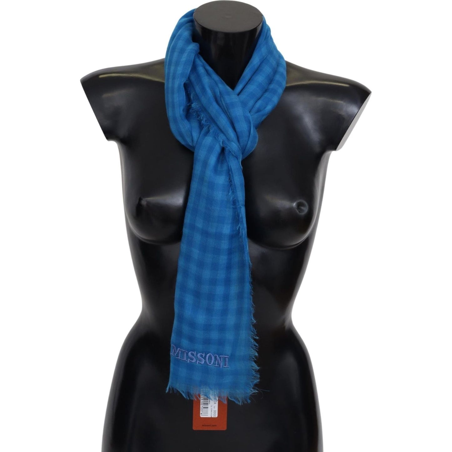 Missoni Blue Checkered Cashmere Unisex Wrap Fringes Scarf Missoni