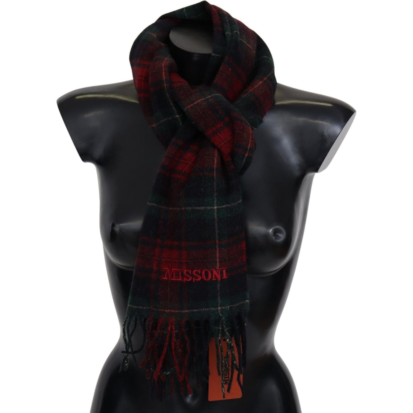 Missoni Black Red Check Wool Unisex Neck Wrap Fringes Scarf
