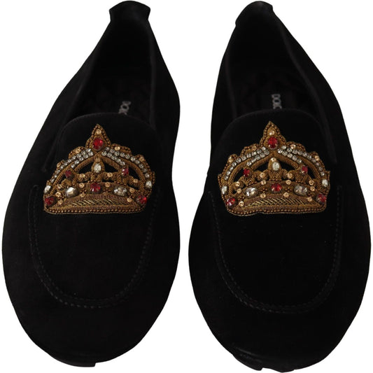 Dolce & Gabbana Elegant Black Leather Loafer Slides with Gold Embroidery Dolce & Gabbana Black