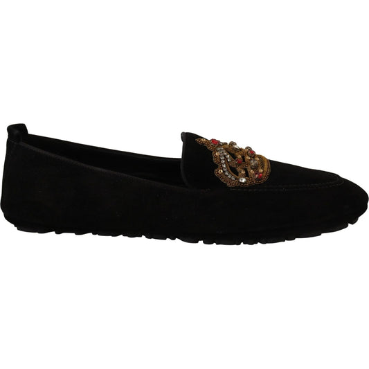 Dolce & Gabbana Elegant Black Leather Loafer Slides with Gold Embroidery Dolce & Gabbana Black