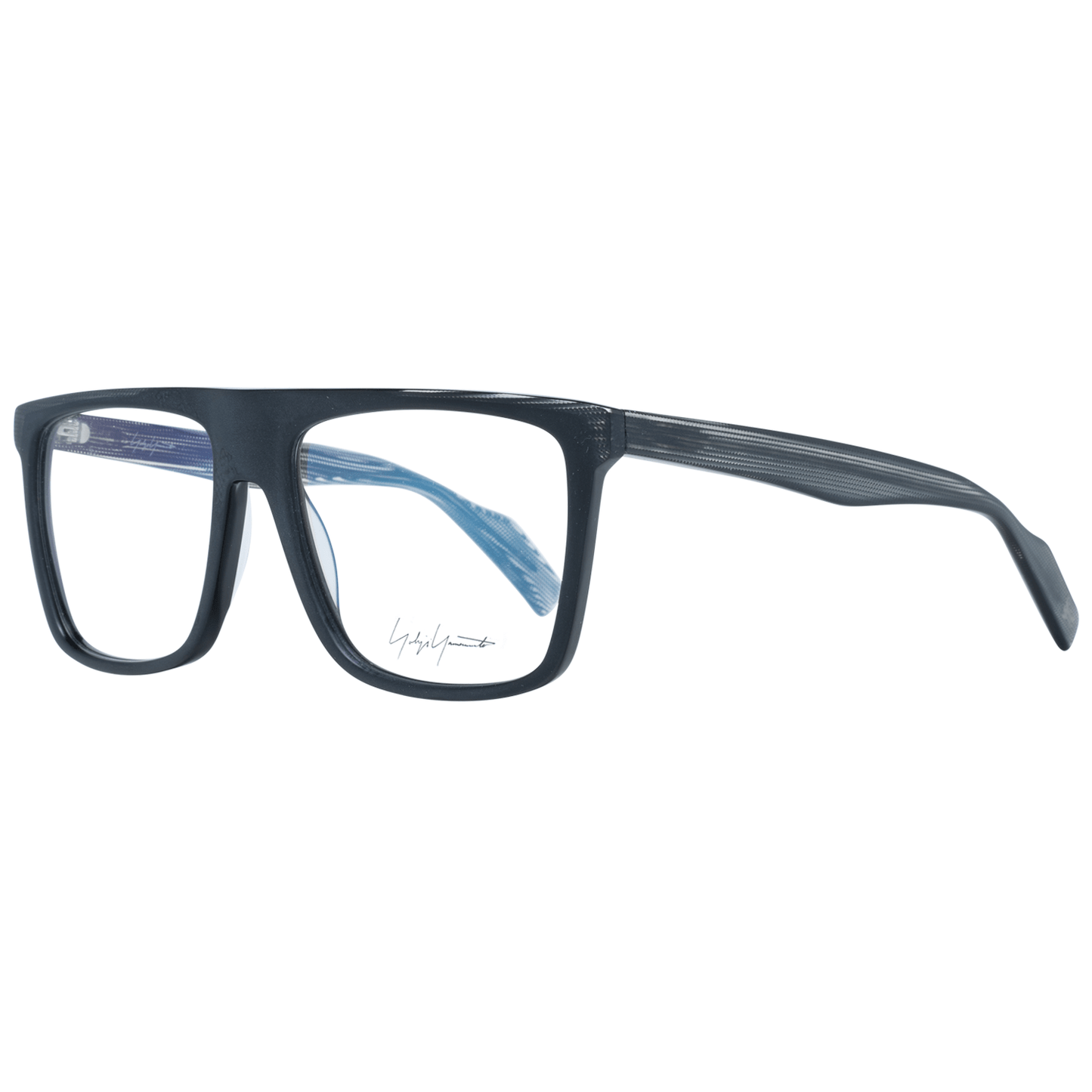Yohji Yamamoto Black Plastic Glasses (Frames) for men with blue-filter, square full-rim style, in branded soft case.