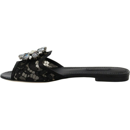 Dolce & Gabbana Black Taormina Lace Slides Crystals Flats Shoes