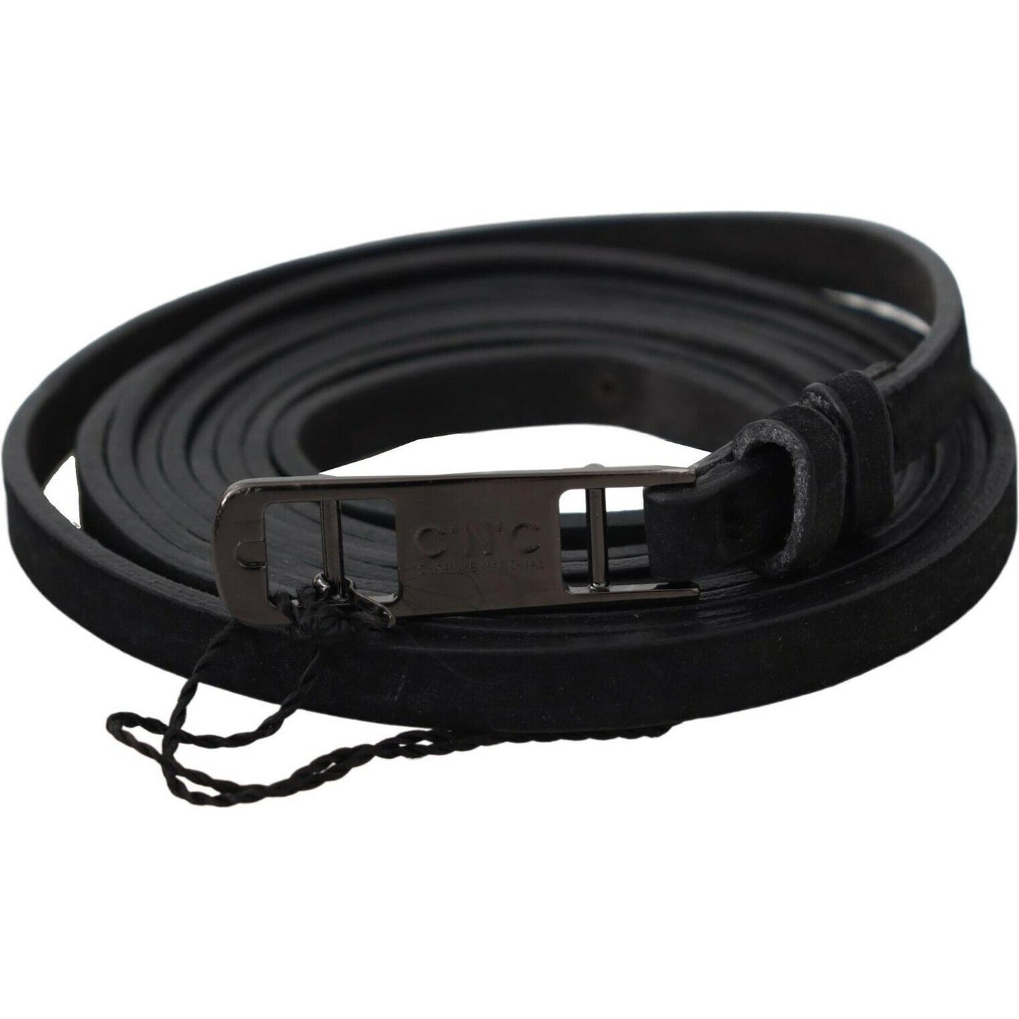 Costume National Black Leather Skinny Logo Buckle Belt