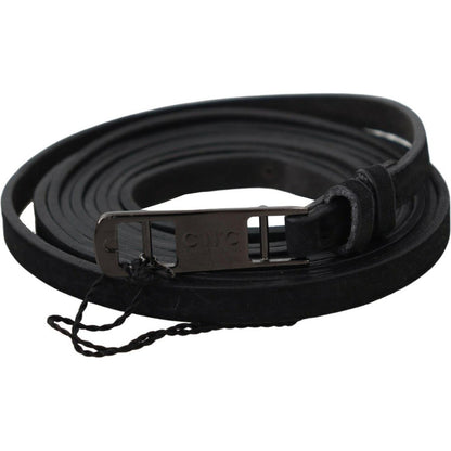 Costume National Black Leather Skinny Logo Buckle Belt
